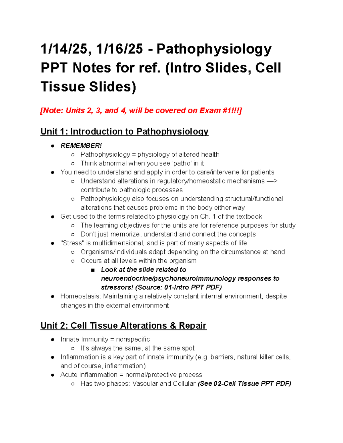Pathophysiology Lecture Notes (BIOL-300) - Units 1-8 Comprehensive ...