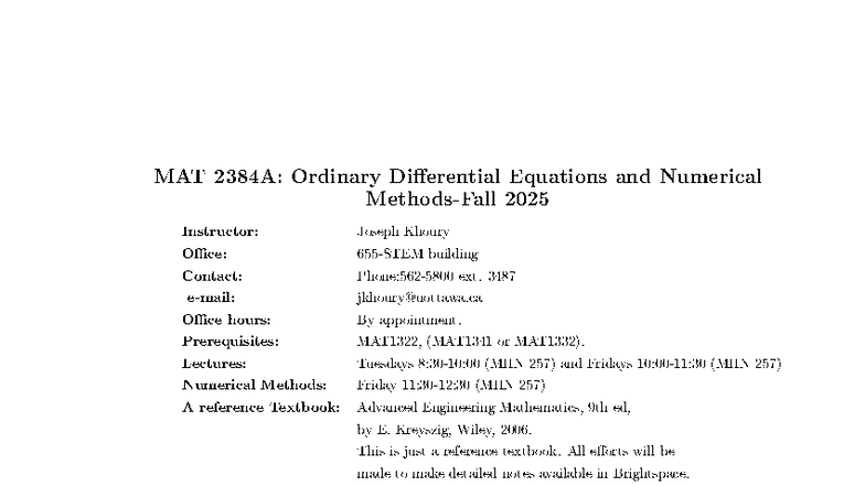 MAT 2384A: ODE & Numerical Methods Course Outline 2025 - Studocu