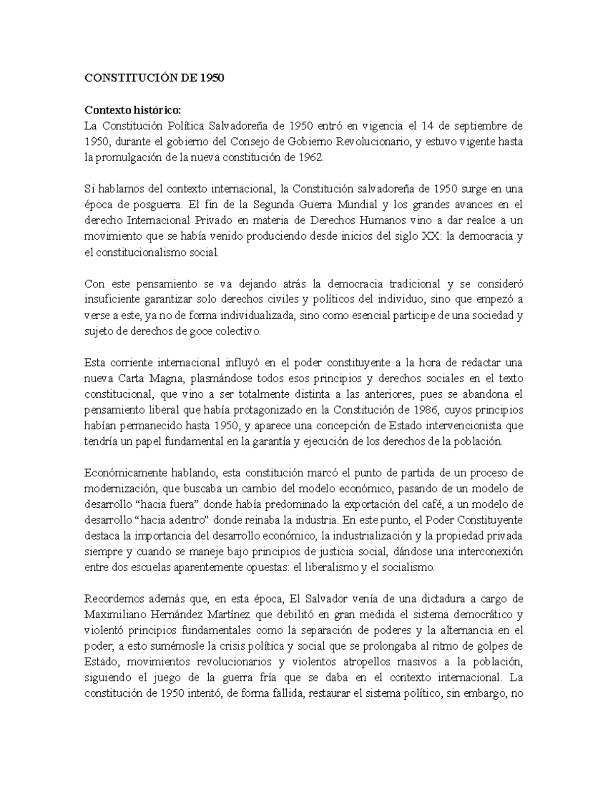 Análisis de la Constitución Salvadoreña de 1950: Contexto y Principios - Document Preview