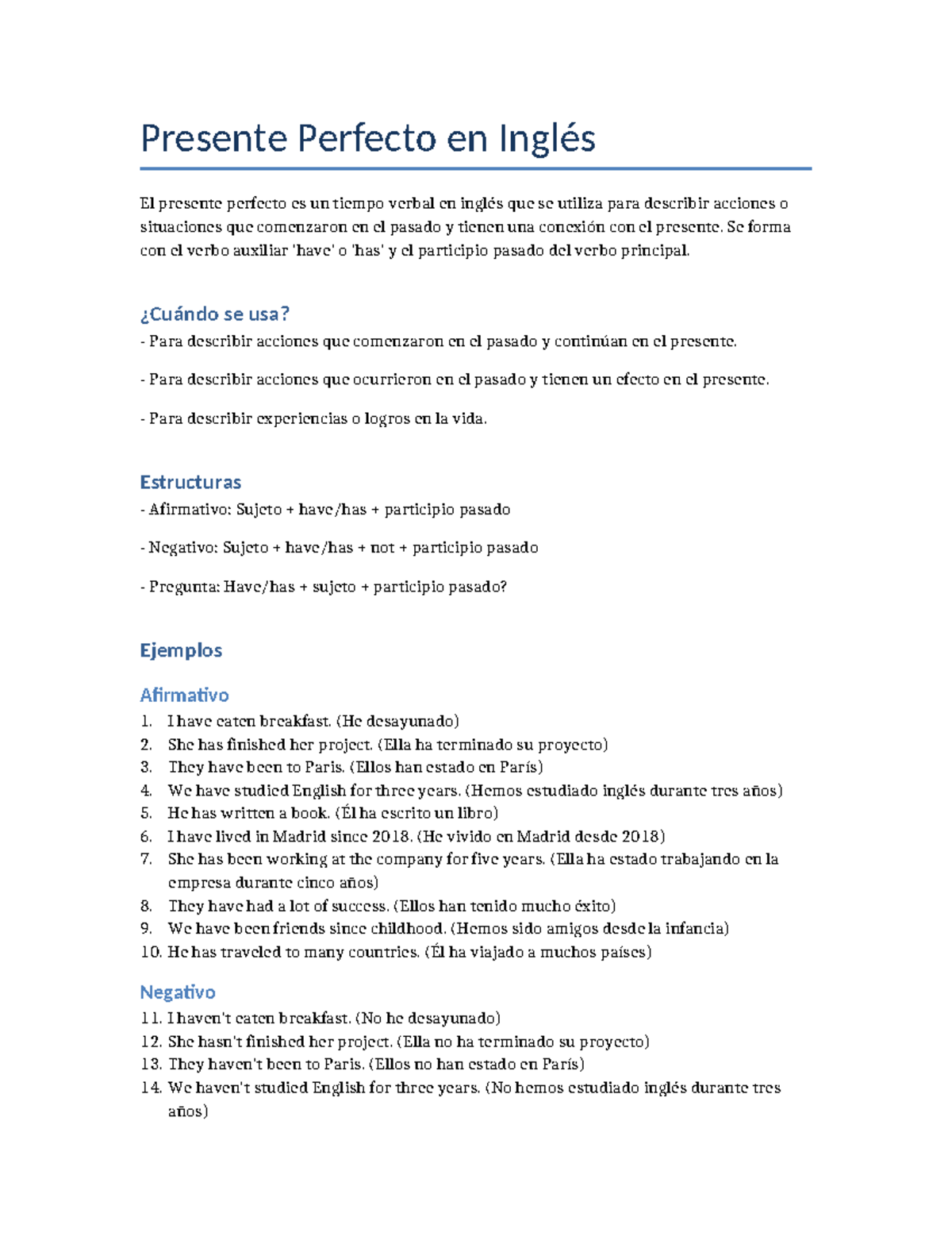 Presente Perfecto en Inglés: Estructuras y Ejemplos - Studocu