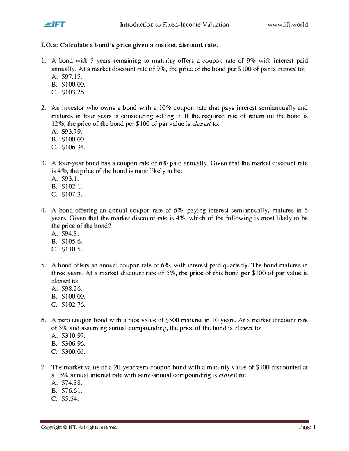R53 Introduction to Fixed-Income Valuation - Q Bank - LO: Calculate a ...