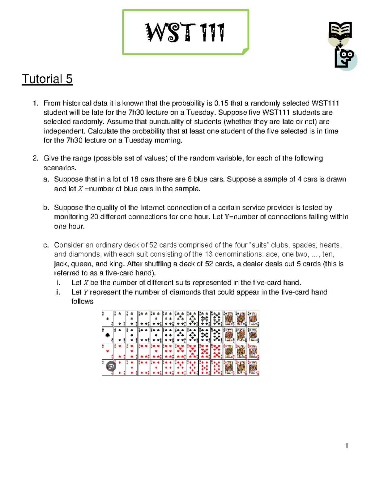 WST Tutorial 5: Probability and Random Variables Worksheet - Studocu