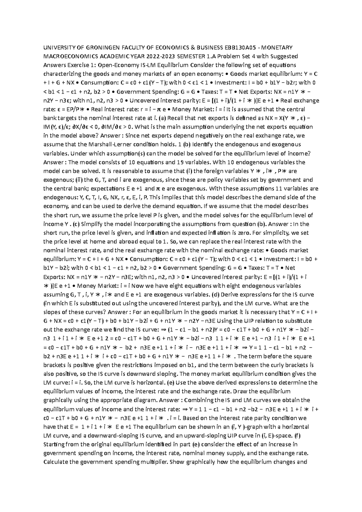 EBB130A05 - Monetary Macro Problem Set 4 with Solutions - Studeersnel