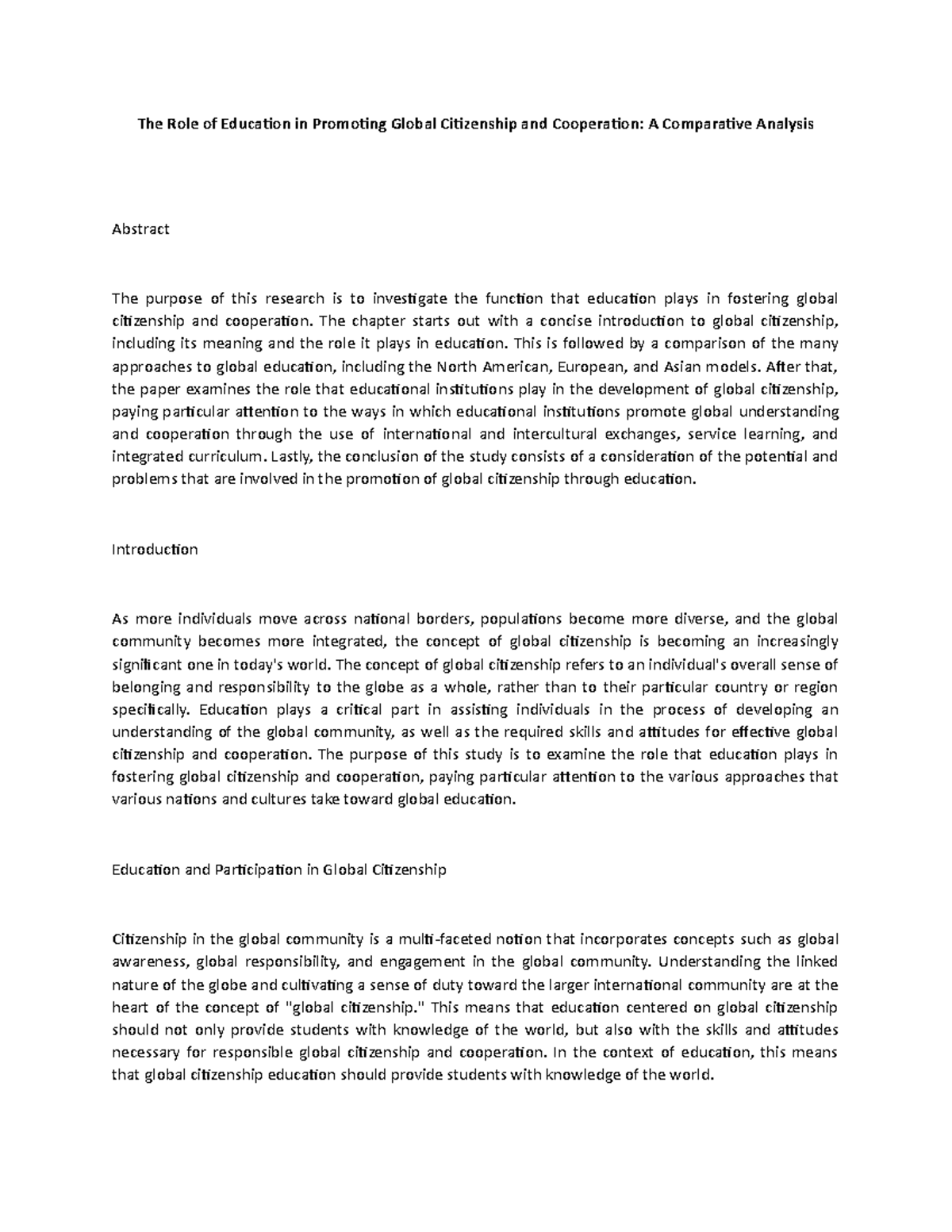 The Role of Education in Promoting Global Citizenship and Cooperation 2 ...