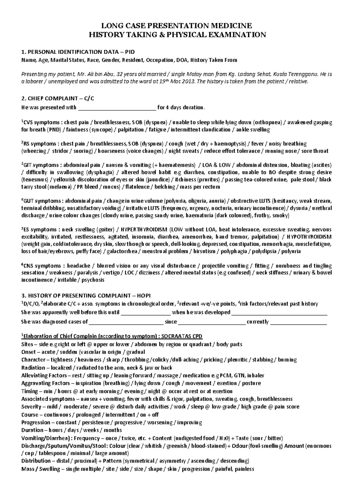 Long Case Sheet for Clinical Examination - CASE SHEET S No: OP No: Date ...
