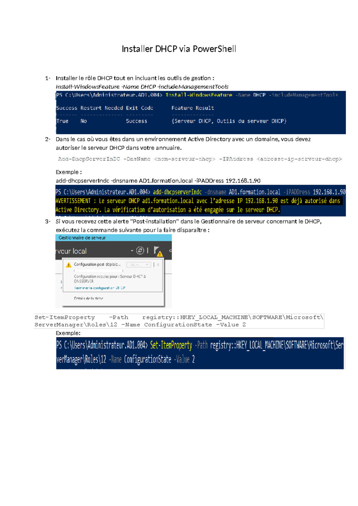 Installer le rôle DHCP via PowerShell - AD1.formation.local - Studocu