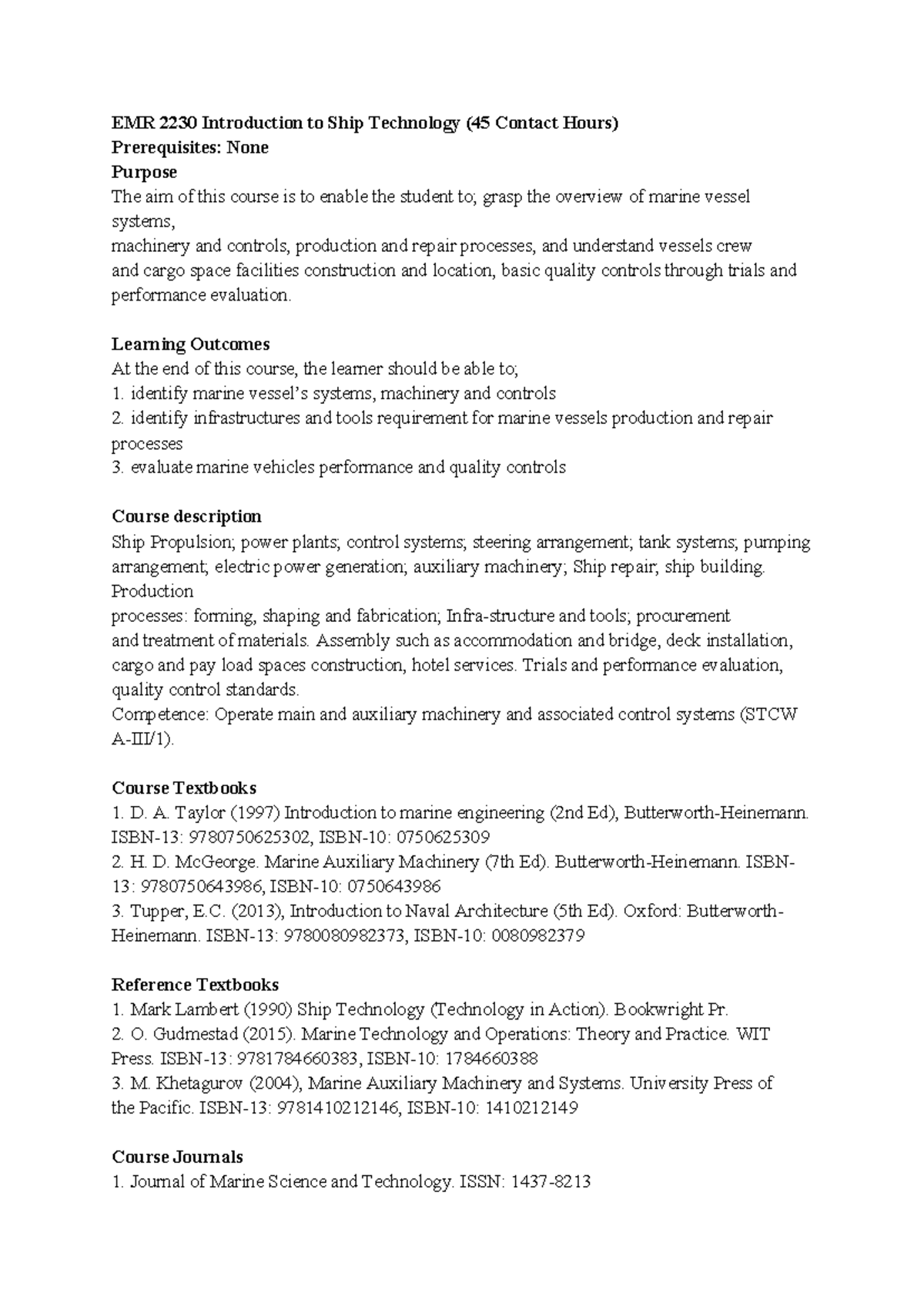 EMR 2230 Intro to Ship Technology Course Outline and Learning Outcomes ...