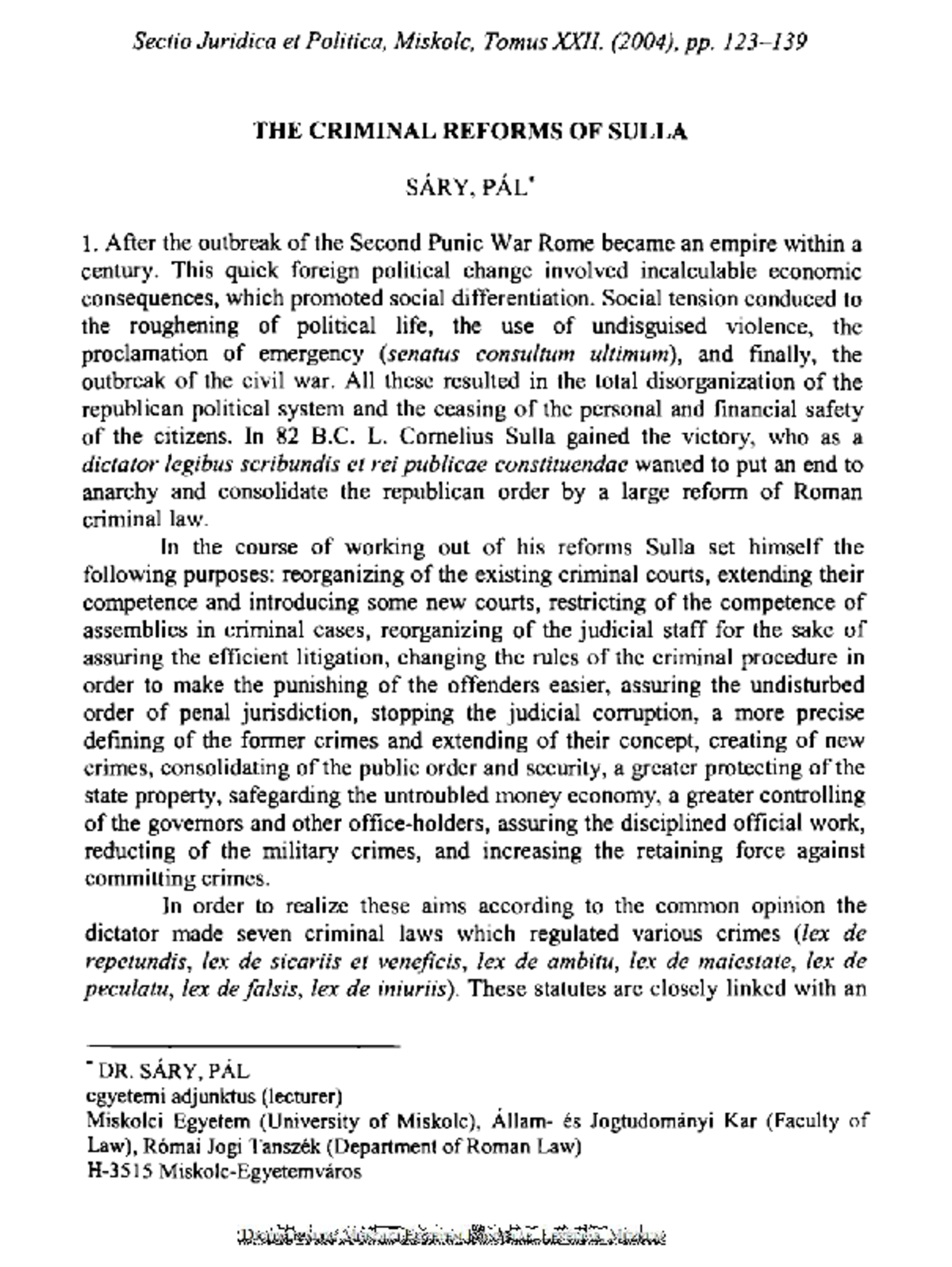 The criminal reforms of Sulla: an analysis of legal changes in ancient ...