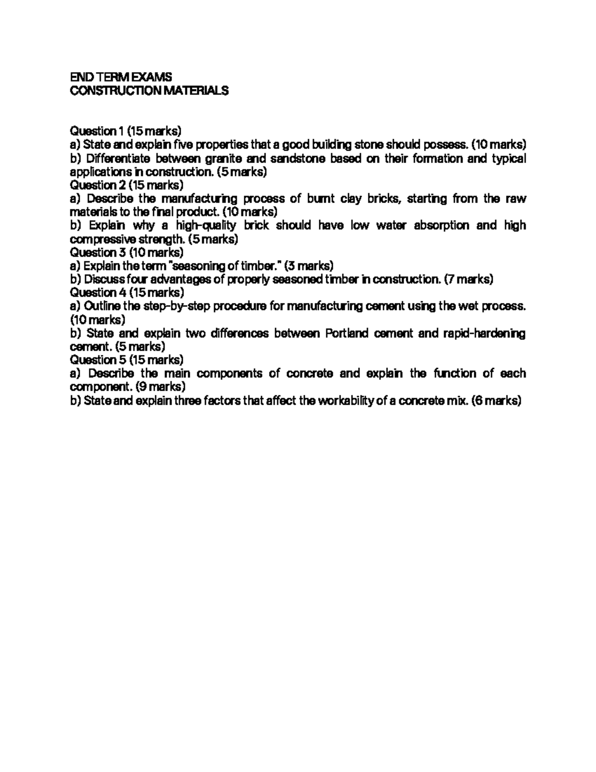 END TERM EXAM CM 101: Construction Materials Questions & Answers - Studocu