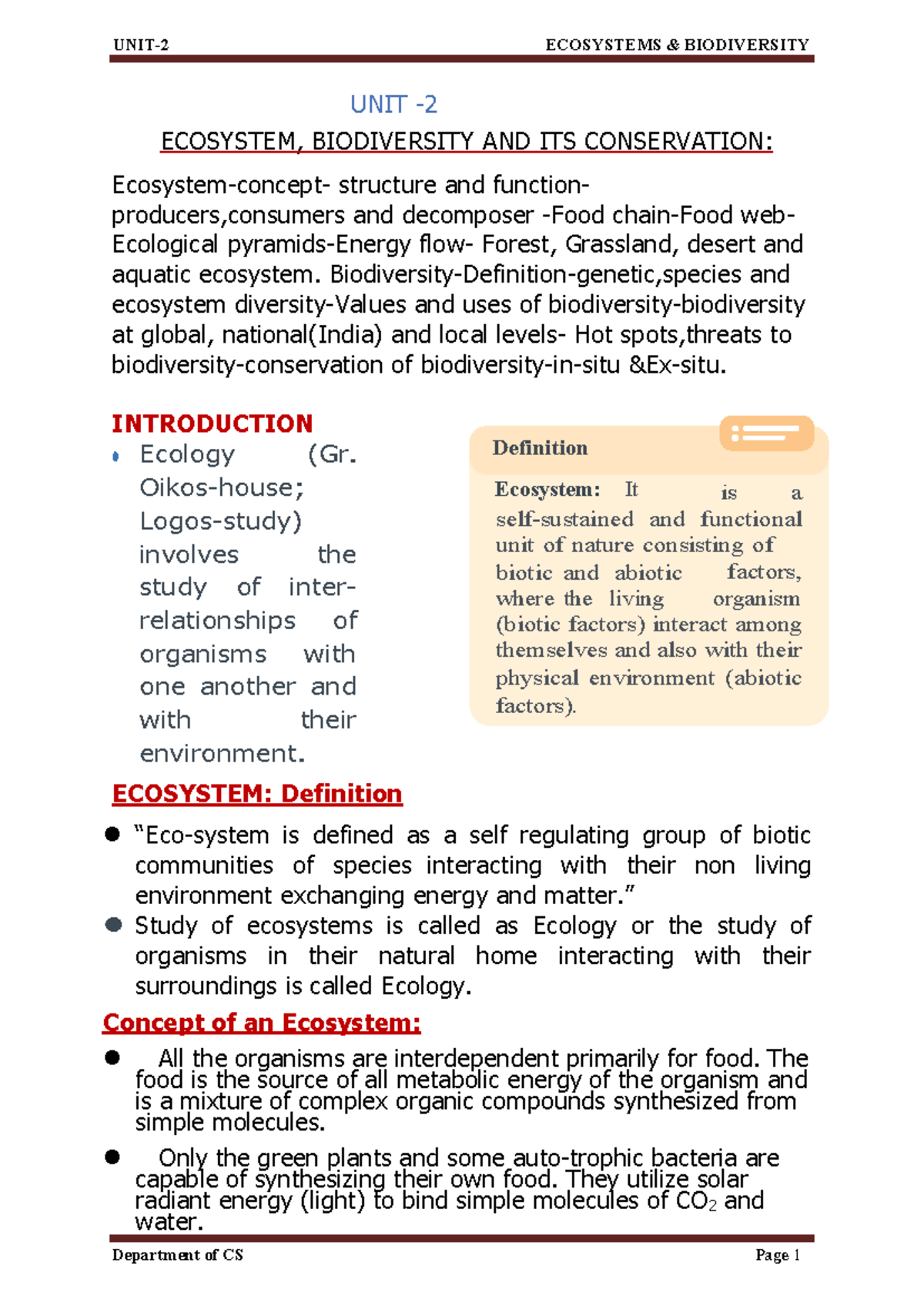 Unit 2: Ecosystem, Biodiversity & Conservation Notes (Gr. Ecology) - Studocu