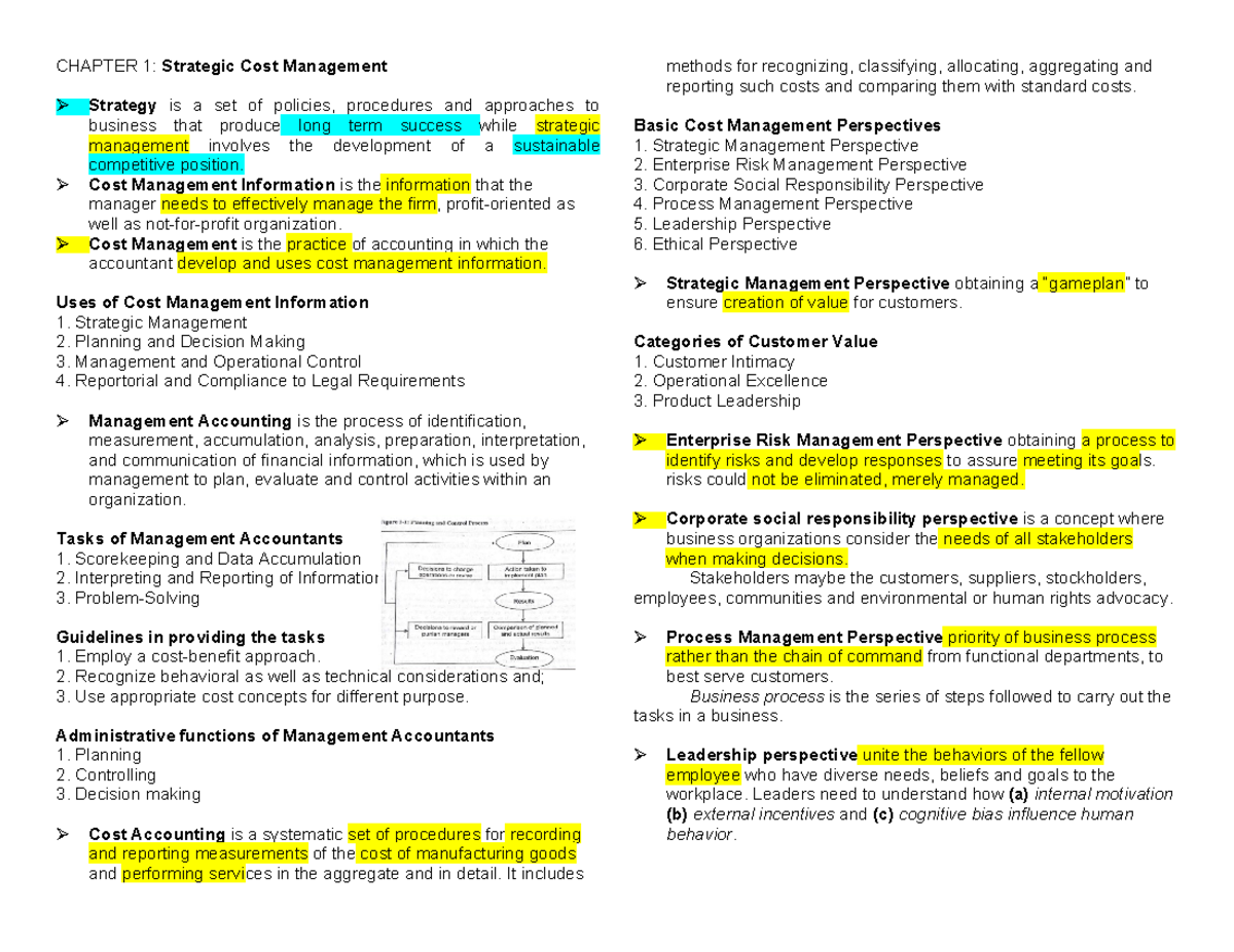 Strategic Cost Management: Chapter 1 Overview and Key Perspectives ...