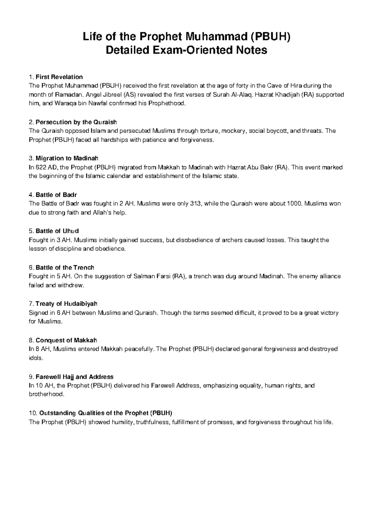 Life of Prophet Muhammad (PBUH) Key Events & Insights - Studocu