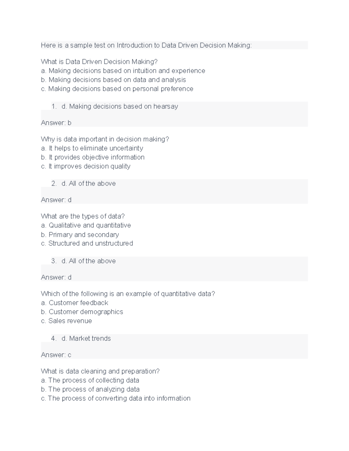 Test: Introduction to Data Driven Decision Making - Studocu
