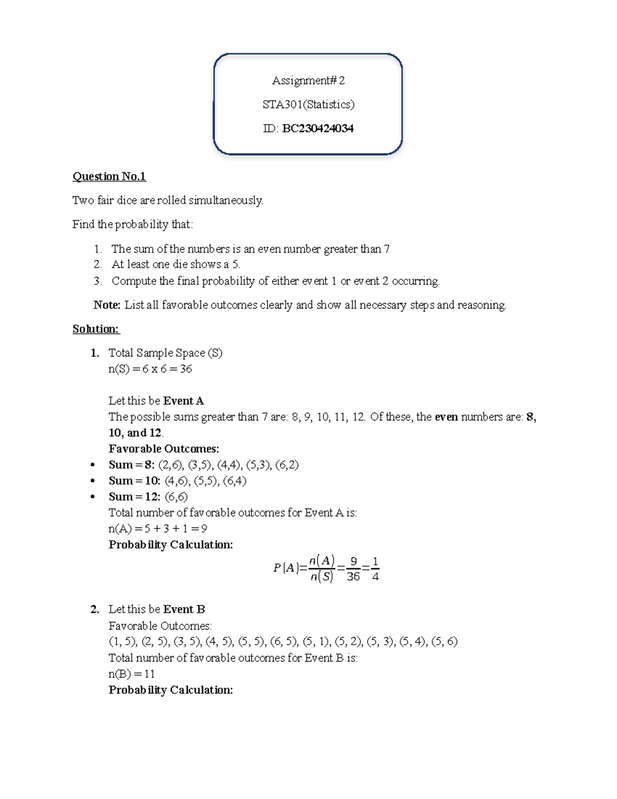 Fall 2025 STA301 Quiz 2: Probability with Dice and Random Variables ...