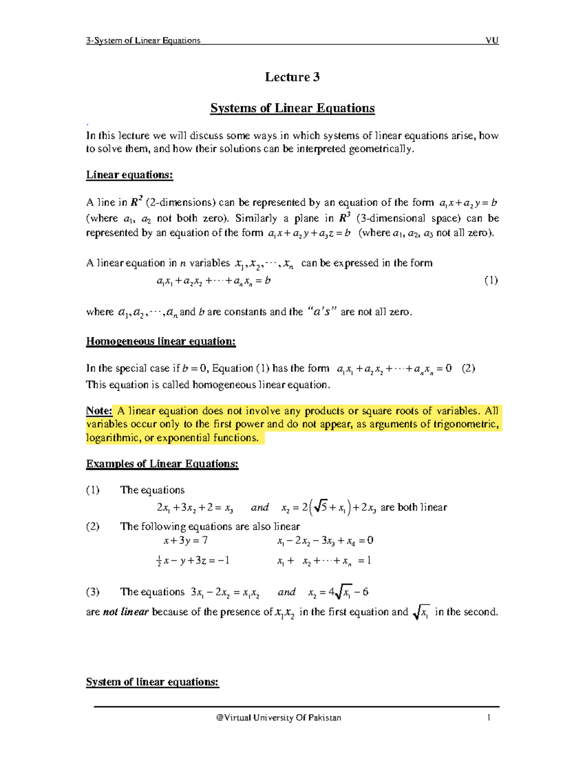Lecture 03 - MTH 501: Systems of Linear Equations Explained - Studocu