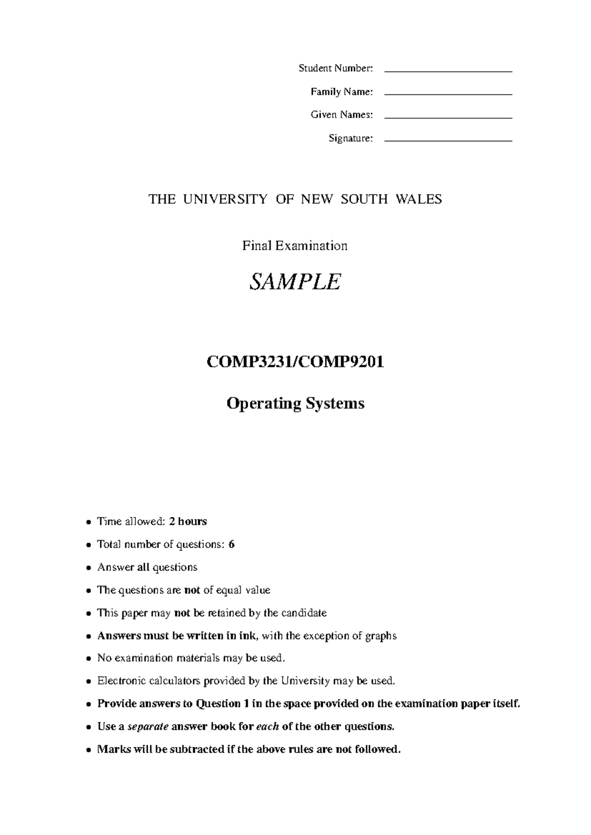 Sample Final Exam - COMP3231 Operating Systems - Studocu