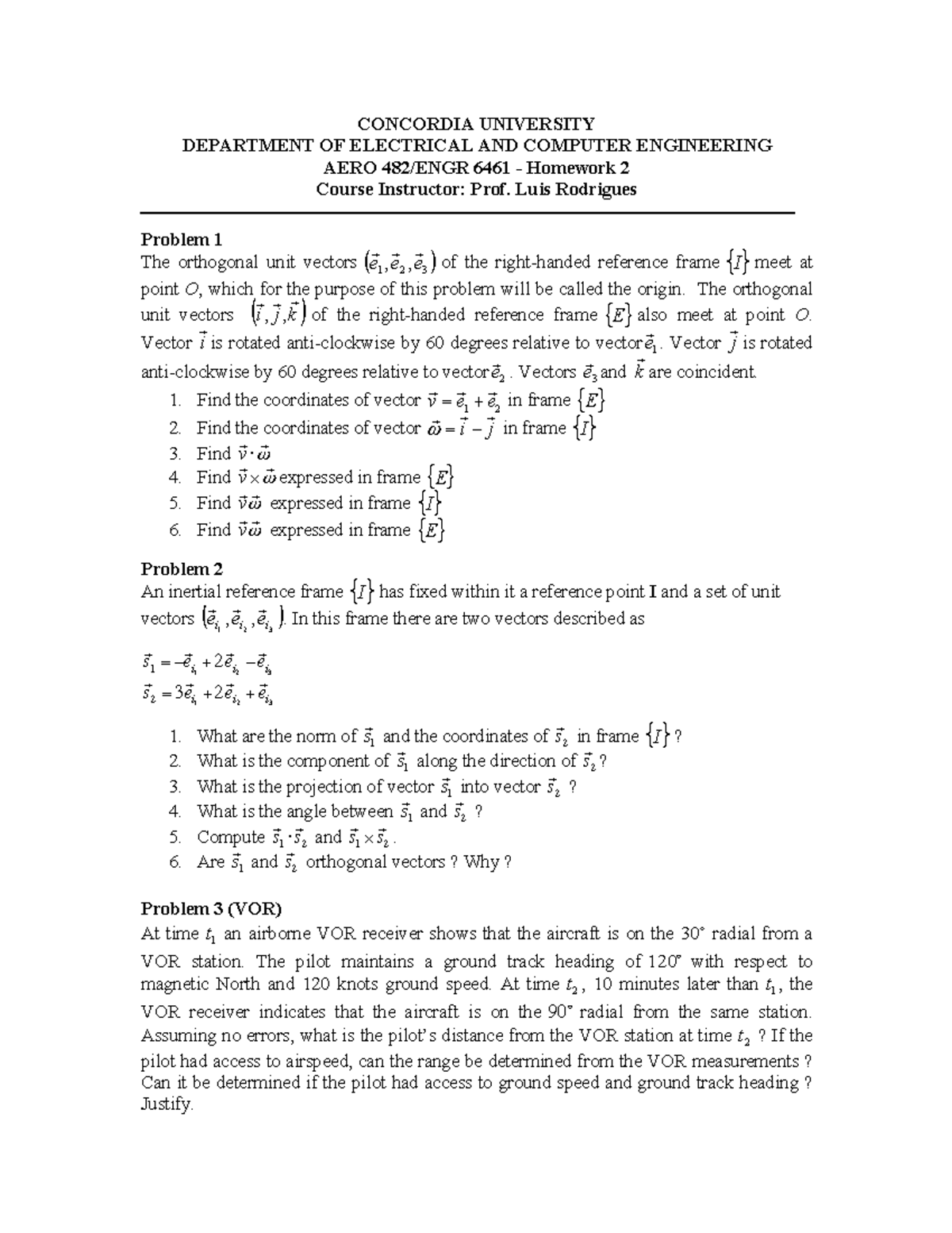 AERO482 Homework 2 - Vector Analysis and VOR Station Problems - Studocu