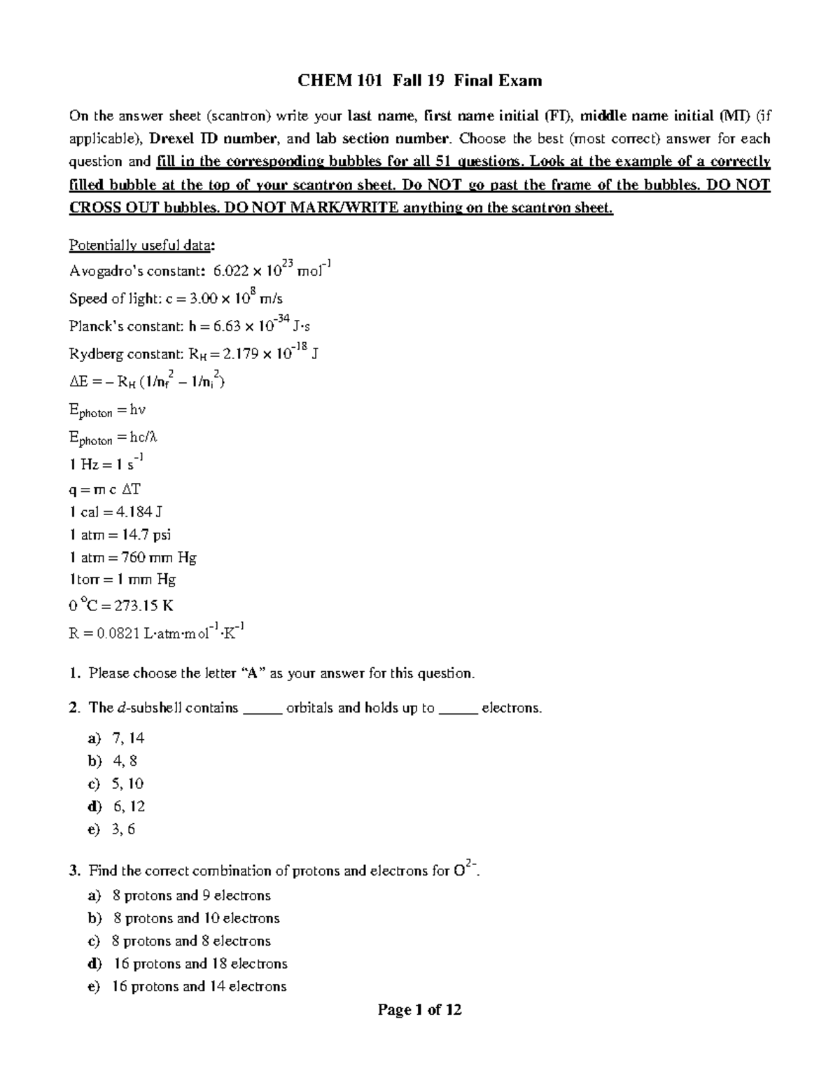 Final Exam 101 F19a w. Answers Key 2 - CHEM 101 Fall 19 Final Exam On ...