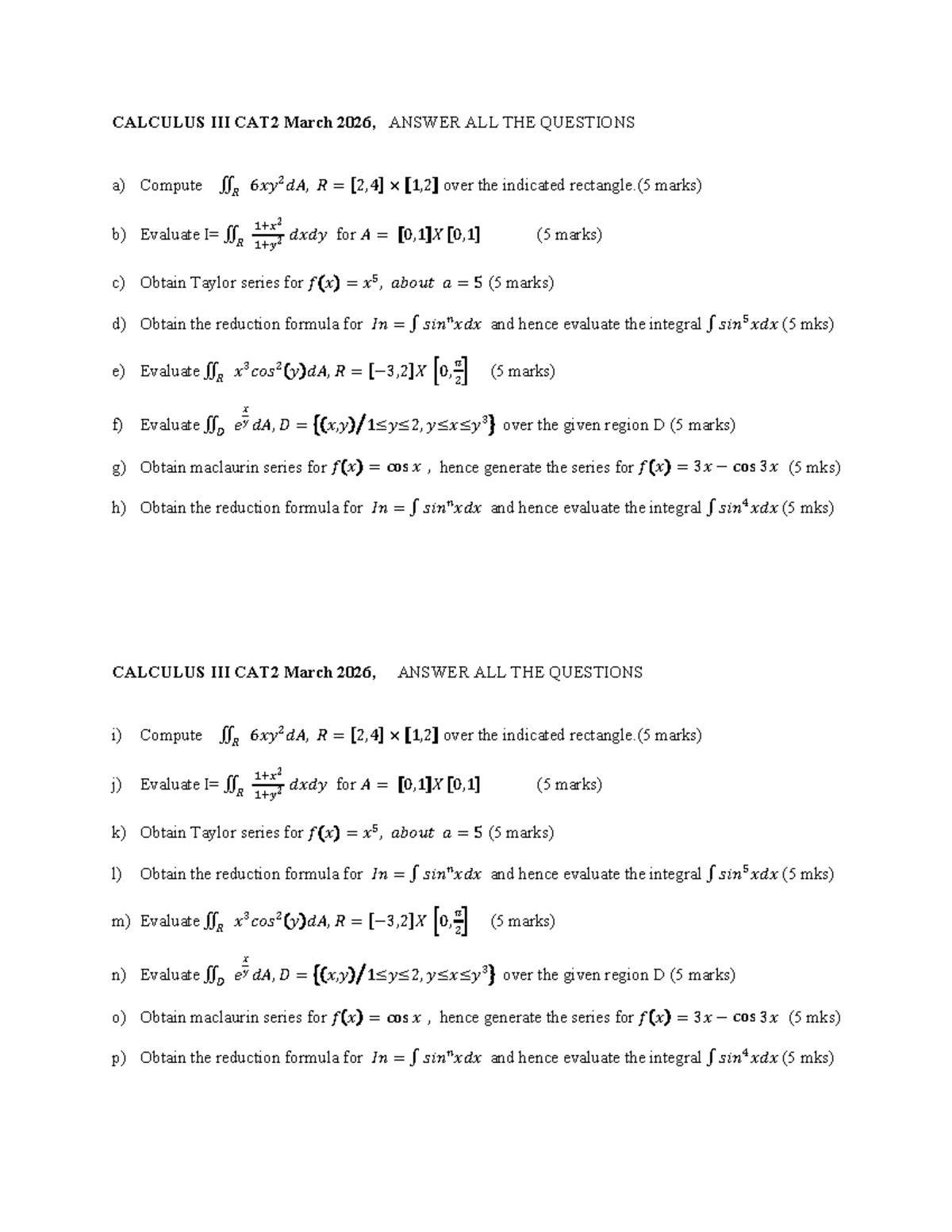CALC III CAT2 March 2026 - Comprehensive Exam Review - Studocu