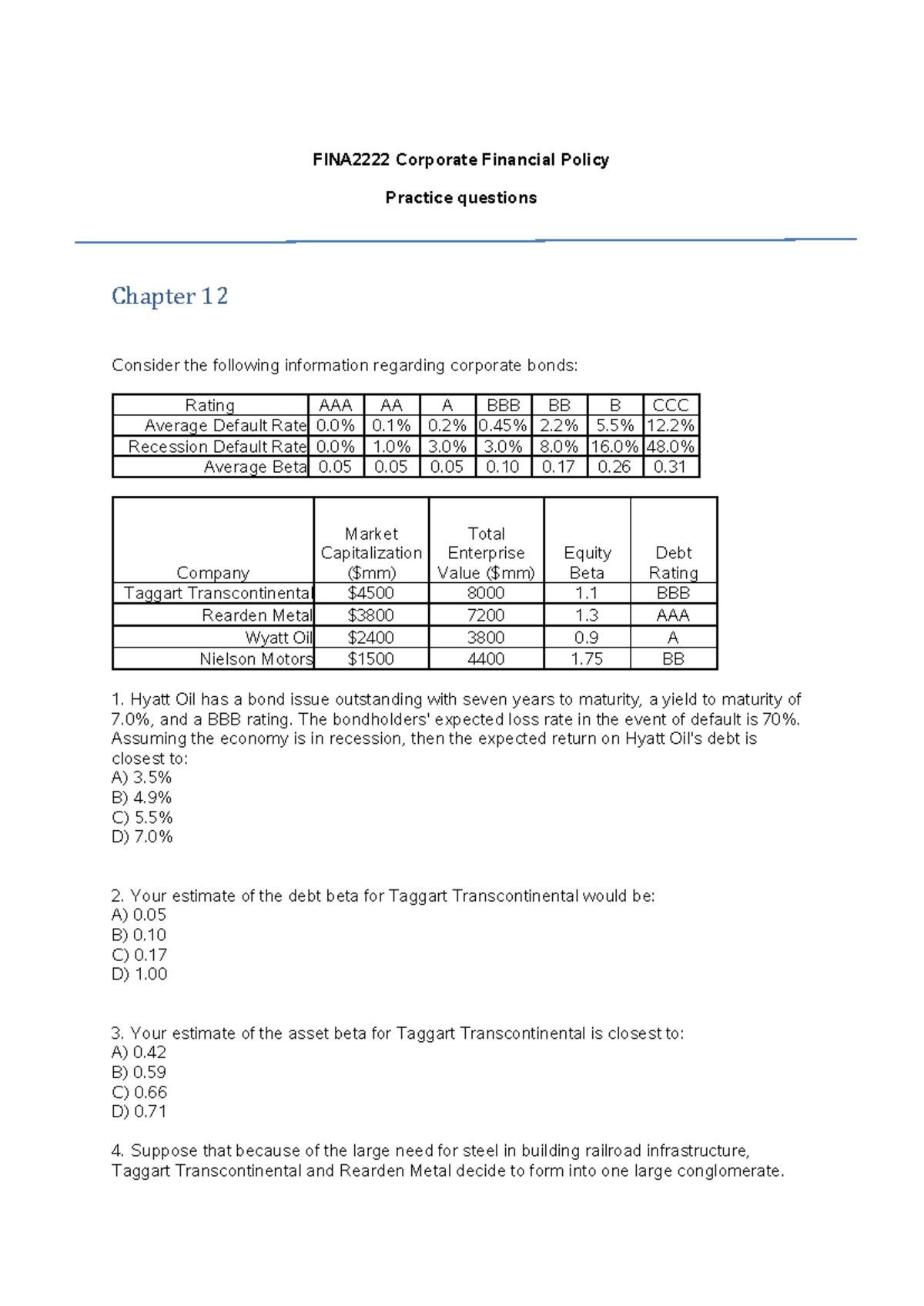 Corporate Financial Policy Practice Questions Chapters 12 29 Studocu Corporate Financial Policy Practice Questions Chapters 12 29 Studocu
