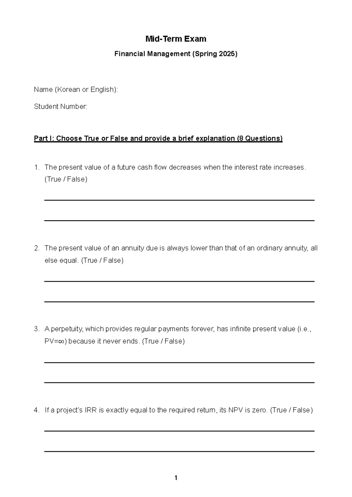 Midterm Exam-1 (FIN 2025) - Financial Management Practice Test - Studocu