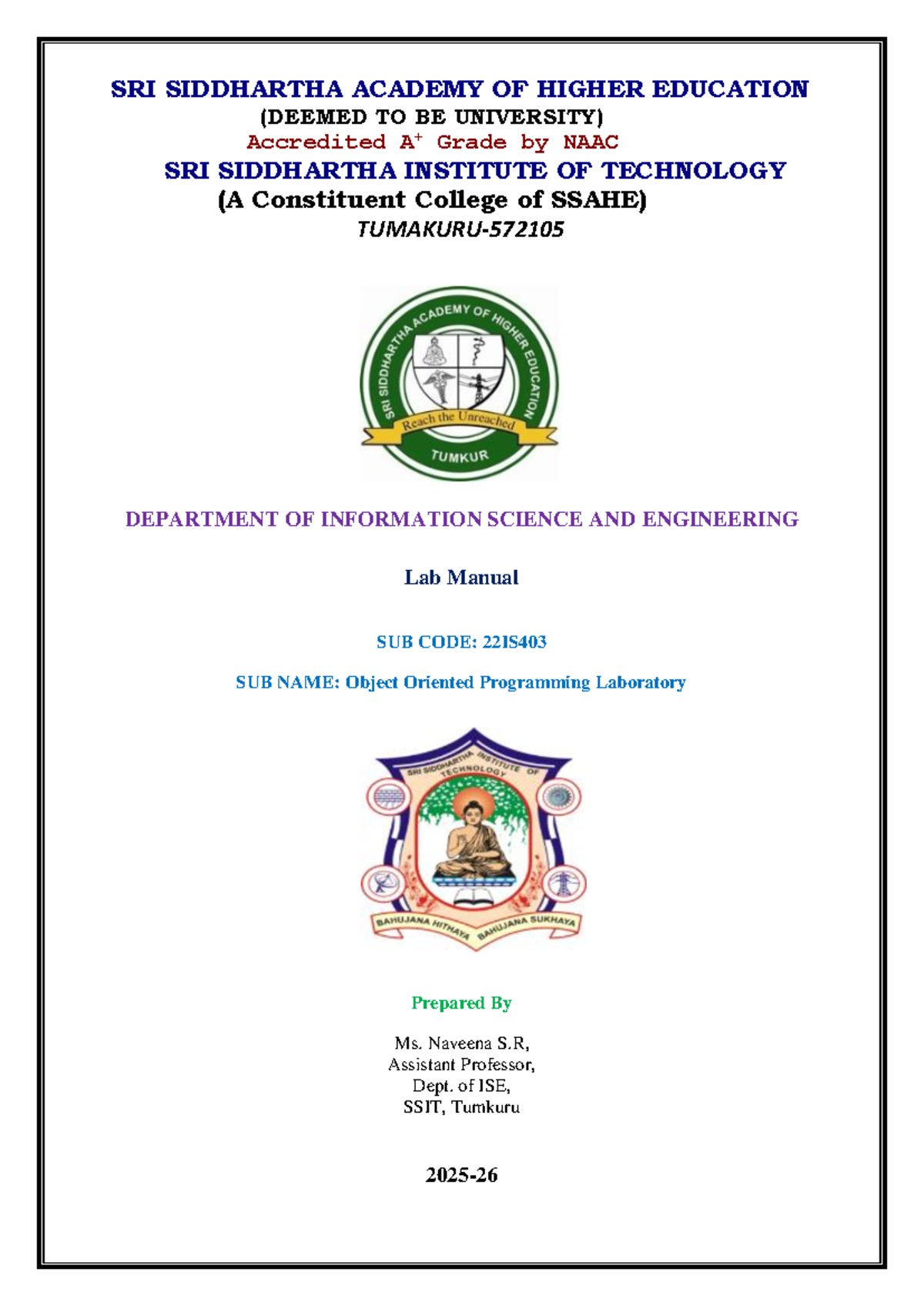 Lab Manual: Object Oriented Programming Lab (22IS403) - Ms. Naveena S.R ...