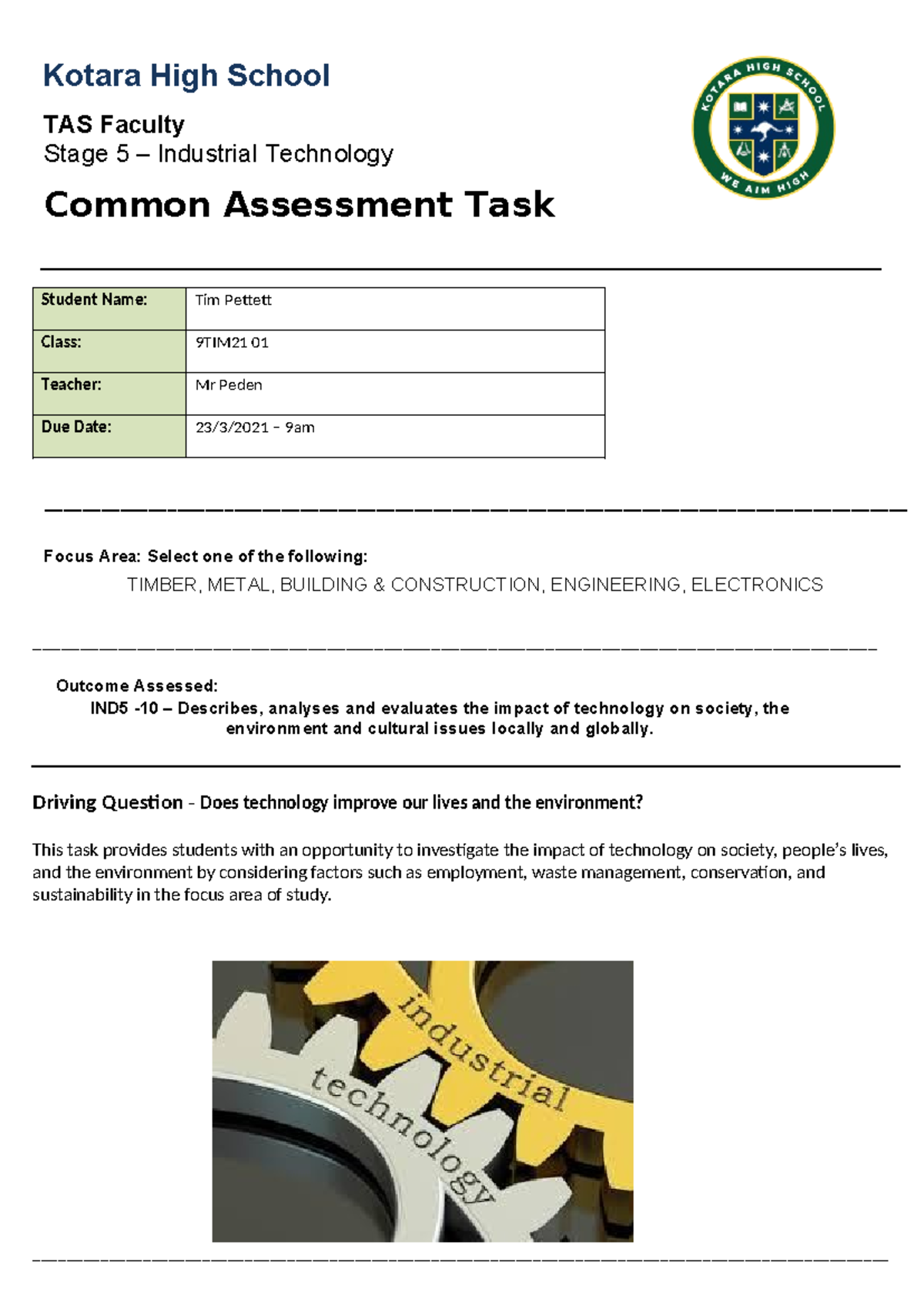 Timber - Alarm Assessment Task 2021 - Kotara High School TAS Faculty ...