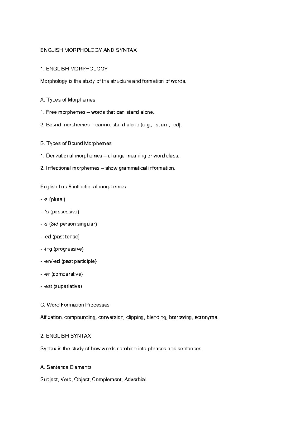 ENGLISH MORPHOLOGY AND SYNTAX 1: Key Concepts and Structures - Studocu
