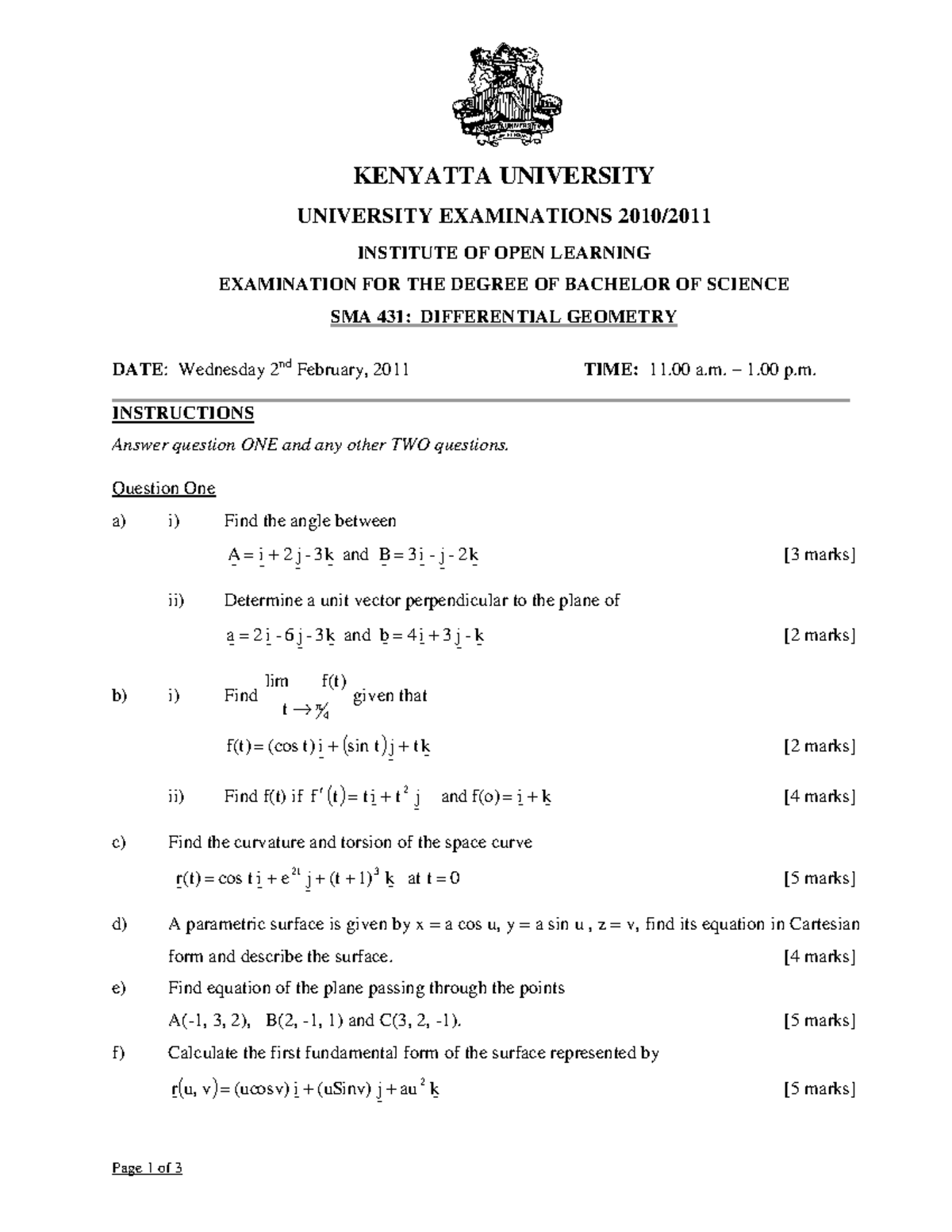 SMA 431: Differential Geometry Exam Paper - February 2011 - Studocu