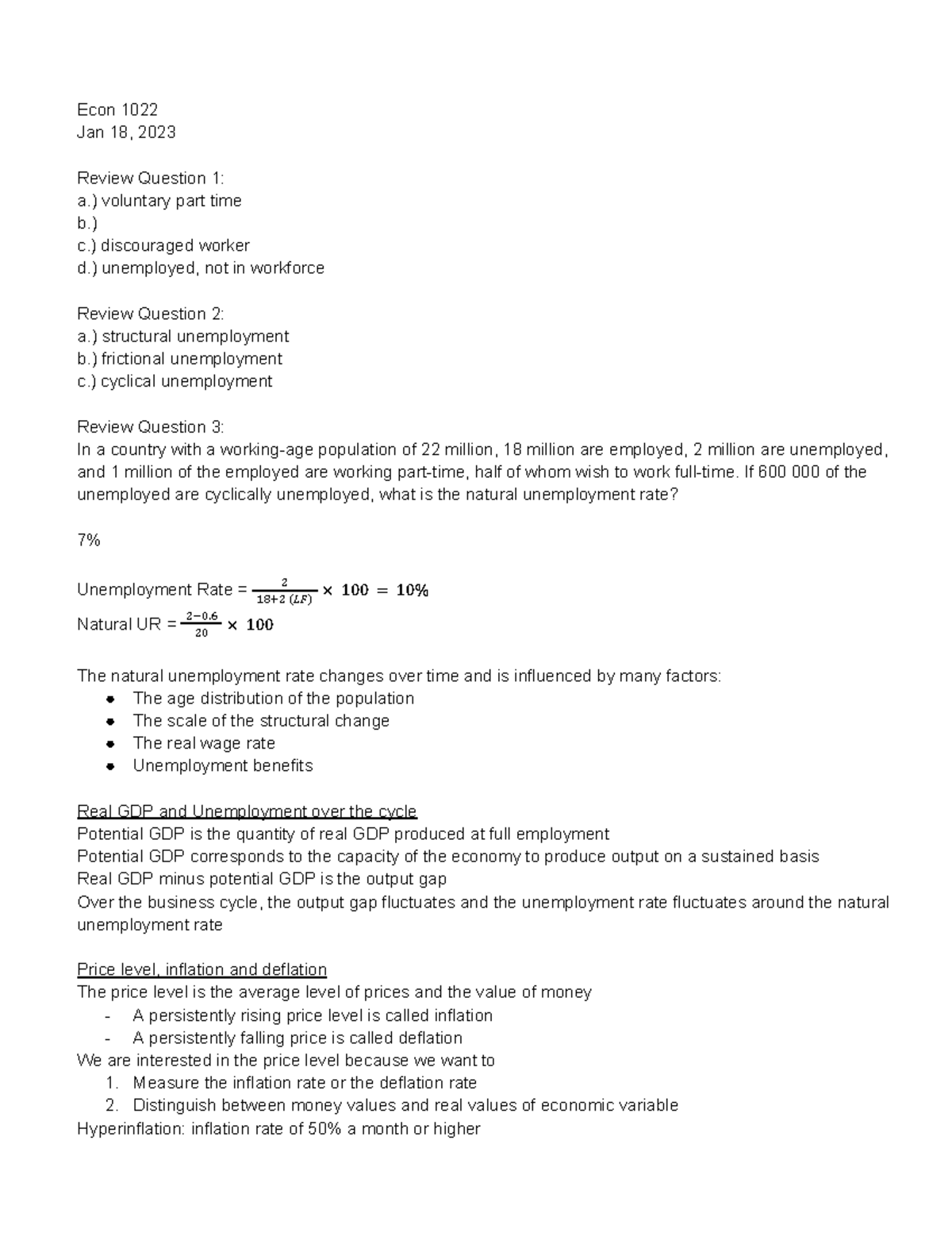Econ 1022 - Lecture Notes on Unemployment, Inflation, and Economic ...
