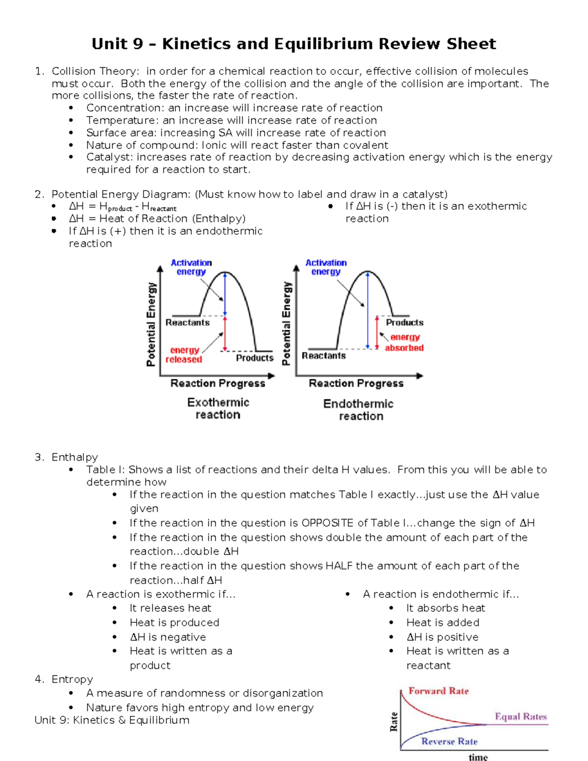 Unit 9 Kinetics and Equilibrium Review Sheet: Key Concepts and Theories ...