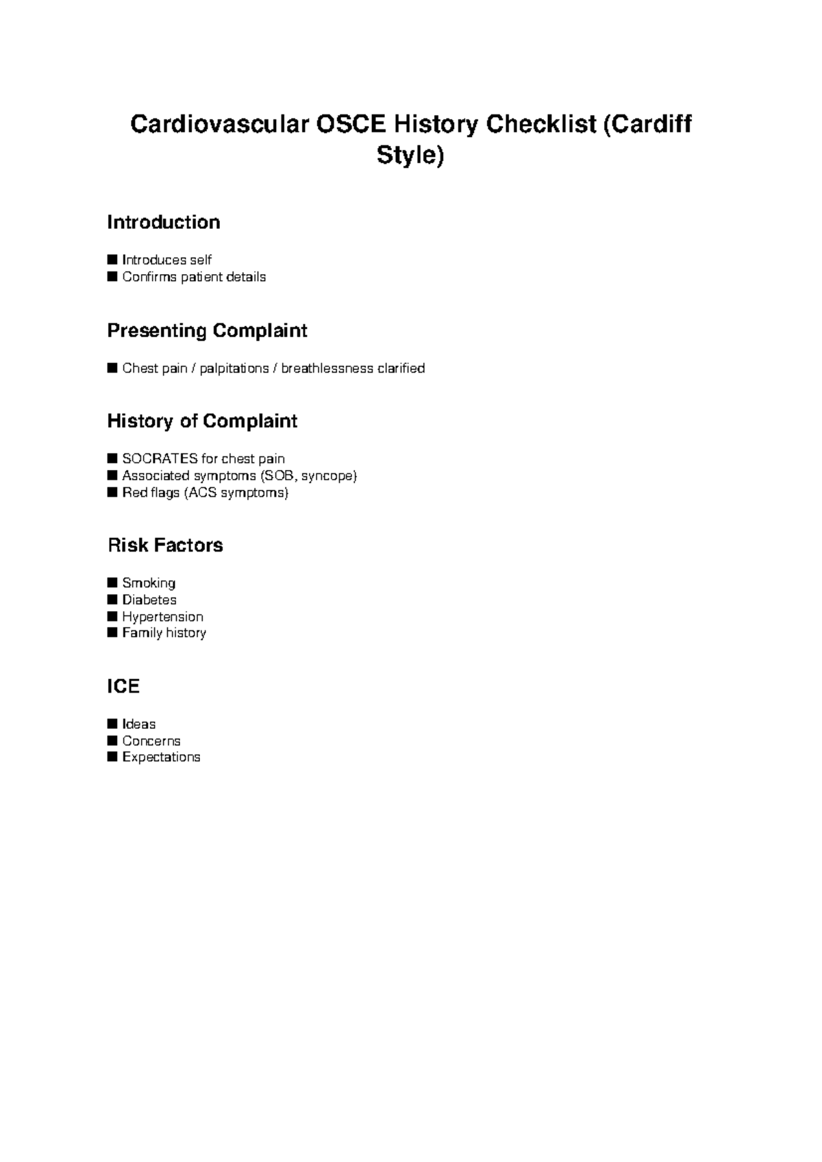 Cardio OSCE Checklist - Cardiovascular OSCE History Checklist (Cardiff ...