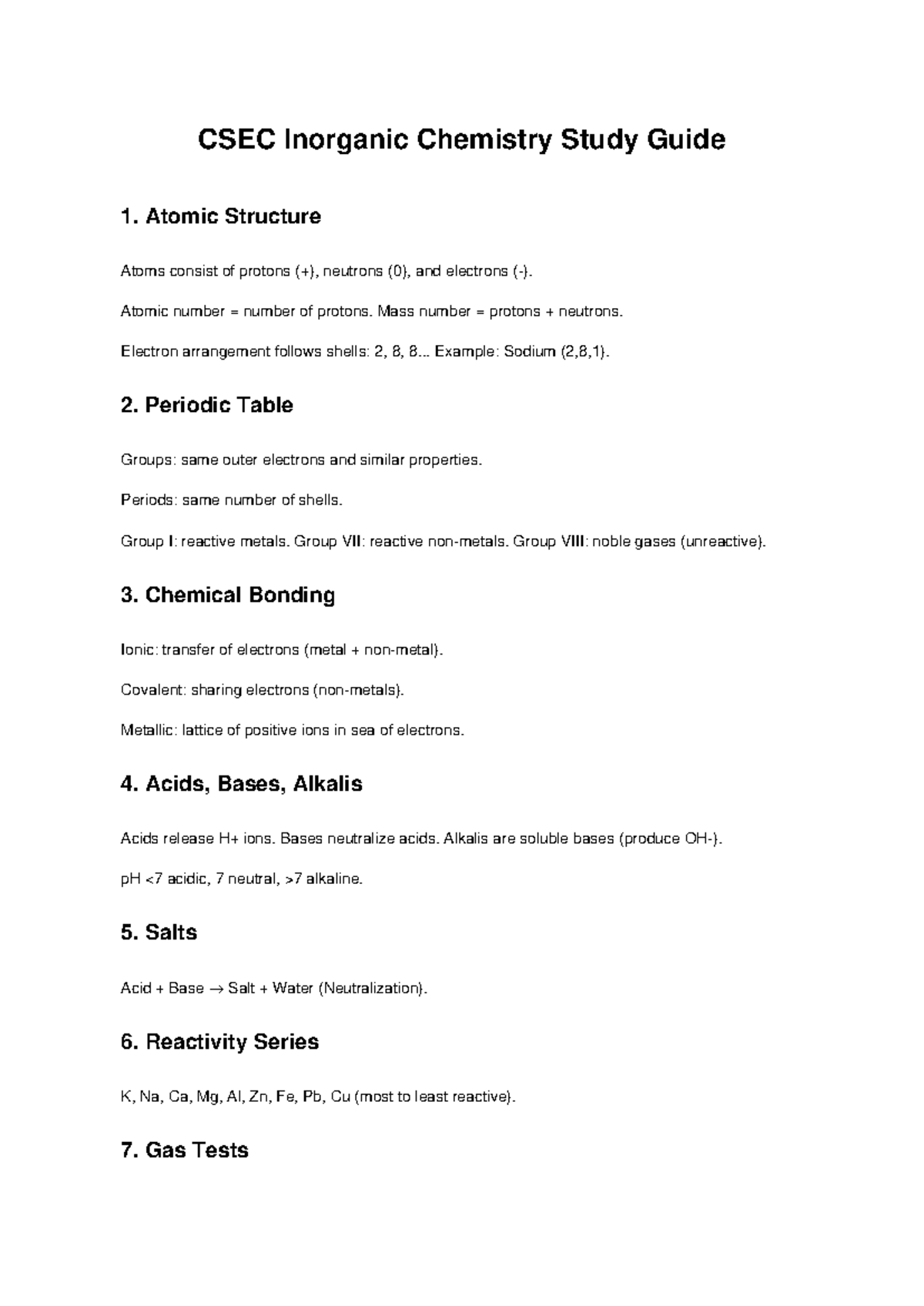 CSEC Inorganic Chemistry Study Guide: Atomic Structure & Bonding - Studocu