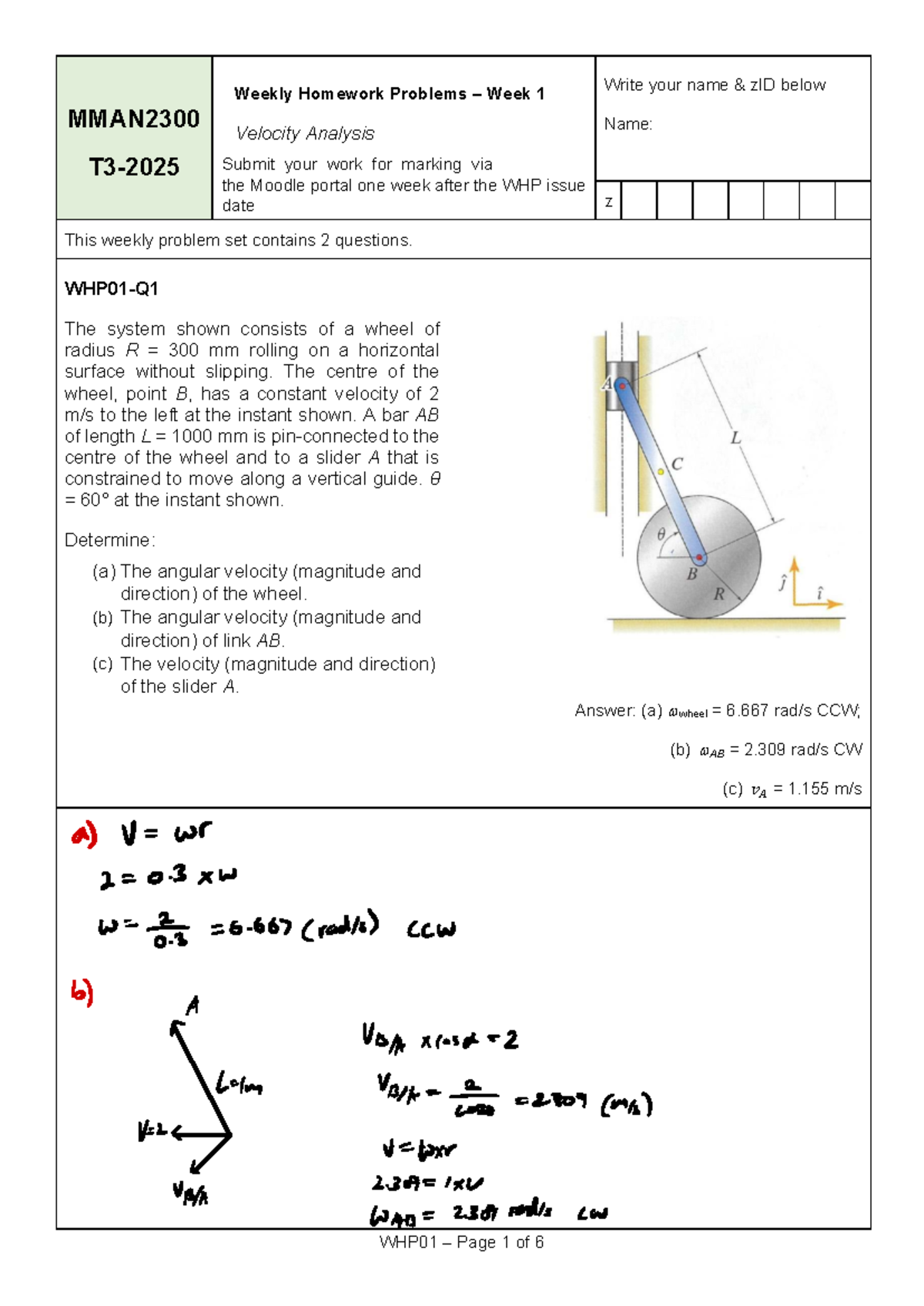 MMAN2300-WHP01: Week 1 Velocity Analysis Homework Problems - Studocu