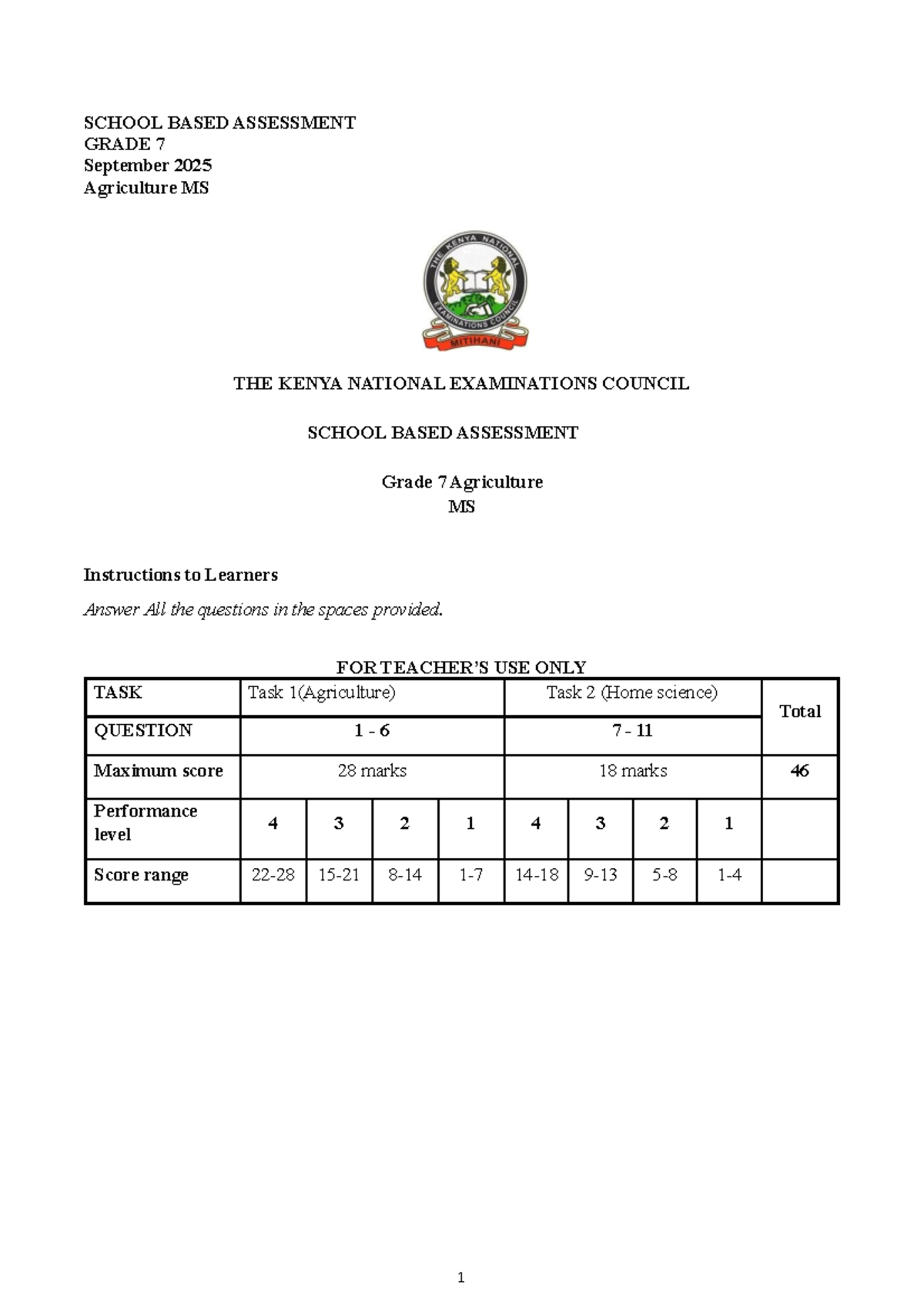 Grade 7 Agriculture School Based Assessment MS - September 2025 - Studocu