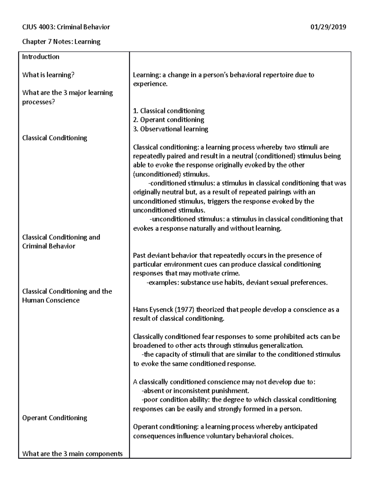 Chapter 7 Notes - Criminal Behavior - CJUS 4003: Criminal Behavior 01 ...