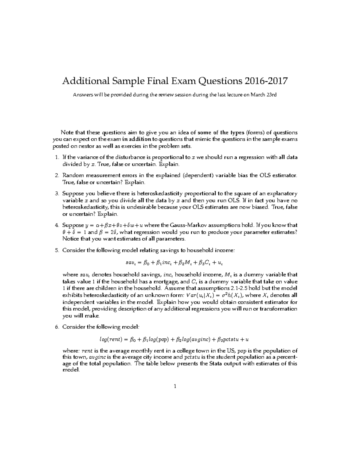 Proef/oefen tentamen 1, Econometrics Final Exam Questions (2016 ...