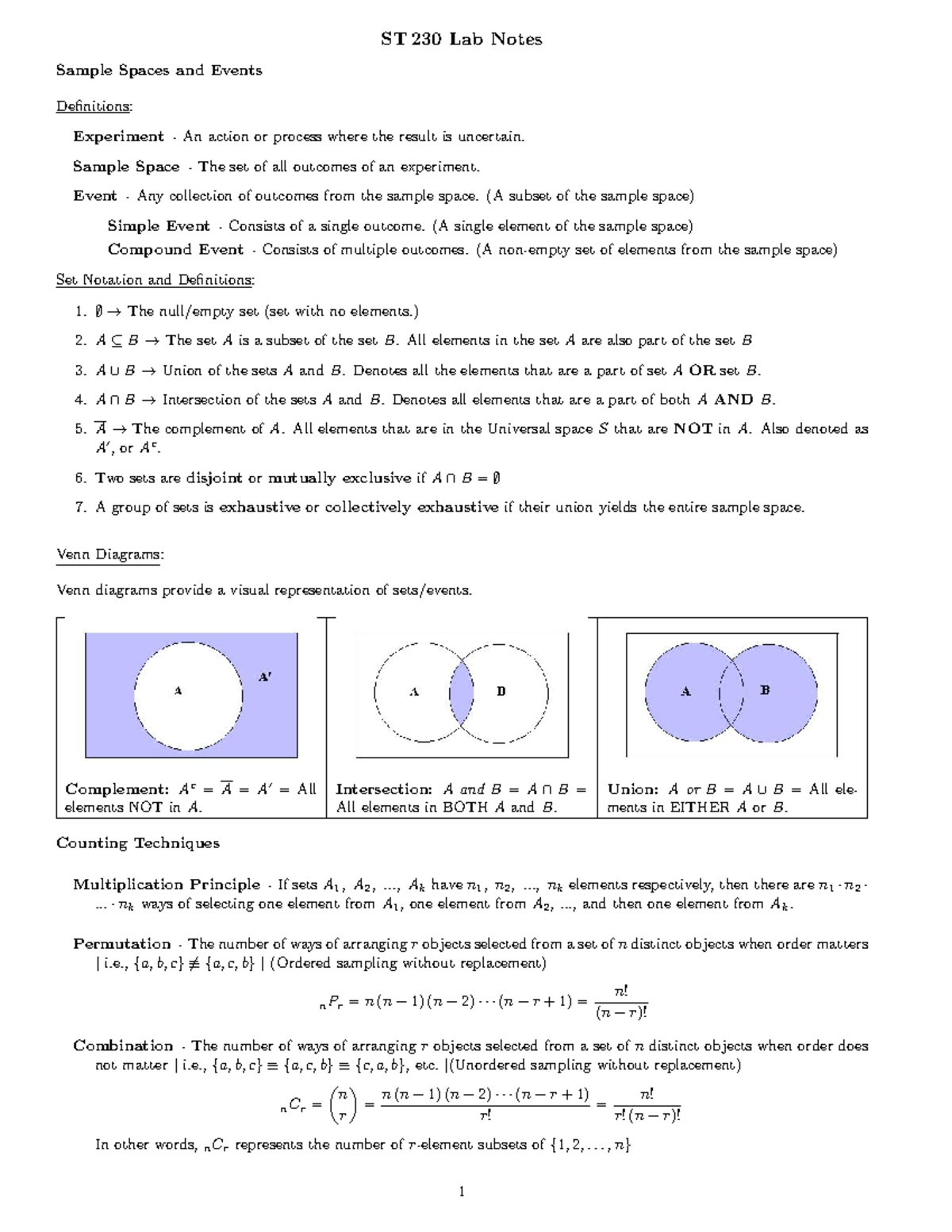 ST230 Lab 1: Comprehensive Notes on Sample Spaces & Probability - Studocu