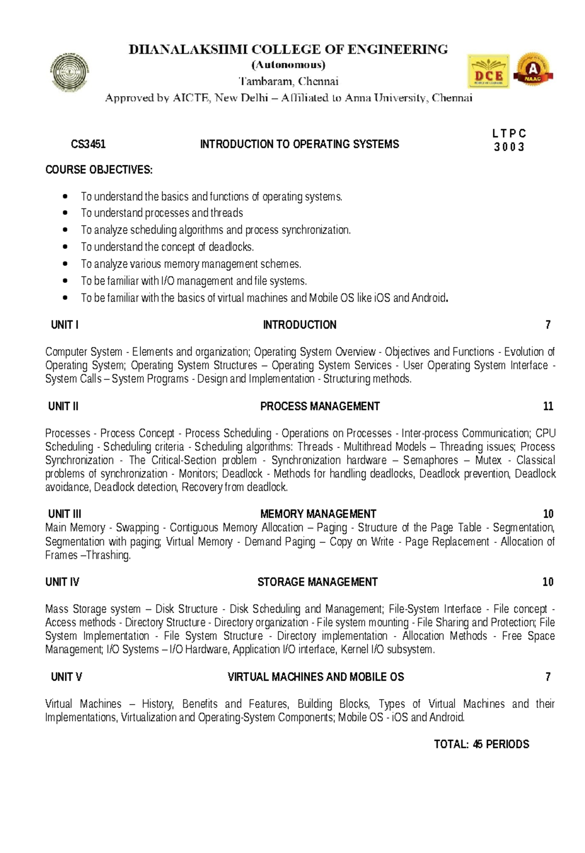 CS3451 LTPC 3003 Introduction to Operating Systems Syllabus - Studocu
