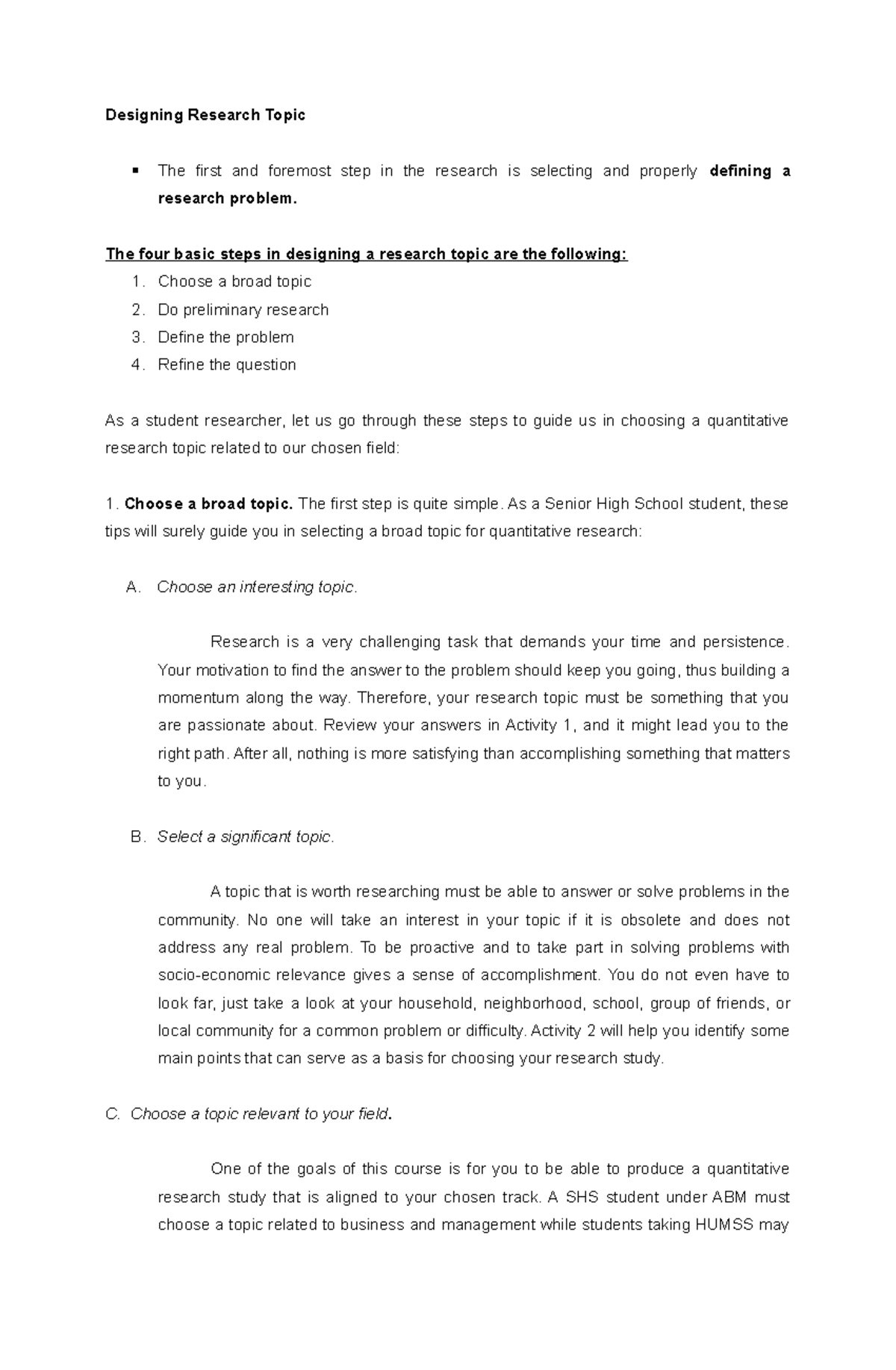 SHS 101: Designing an Effective Research Topic Guide - Studocu