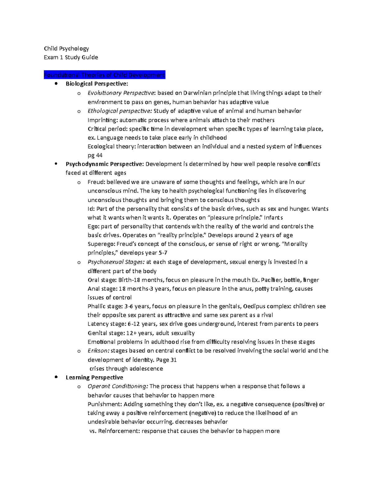 Child Psych (PSY101) Exam 1 Study Guide: Key Theories & Concepts - Studocu