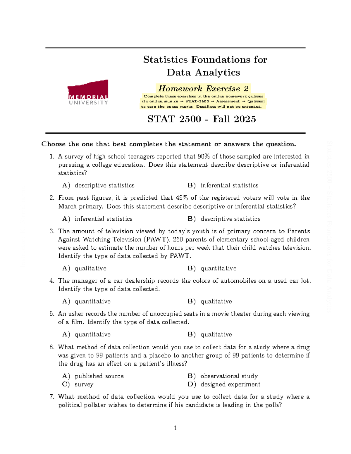 STAT 2500 Fall 2025 Homework Exercise 2: Data Analytics Foundations ...