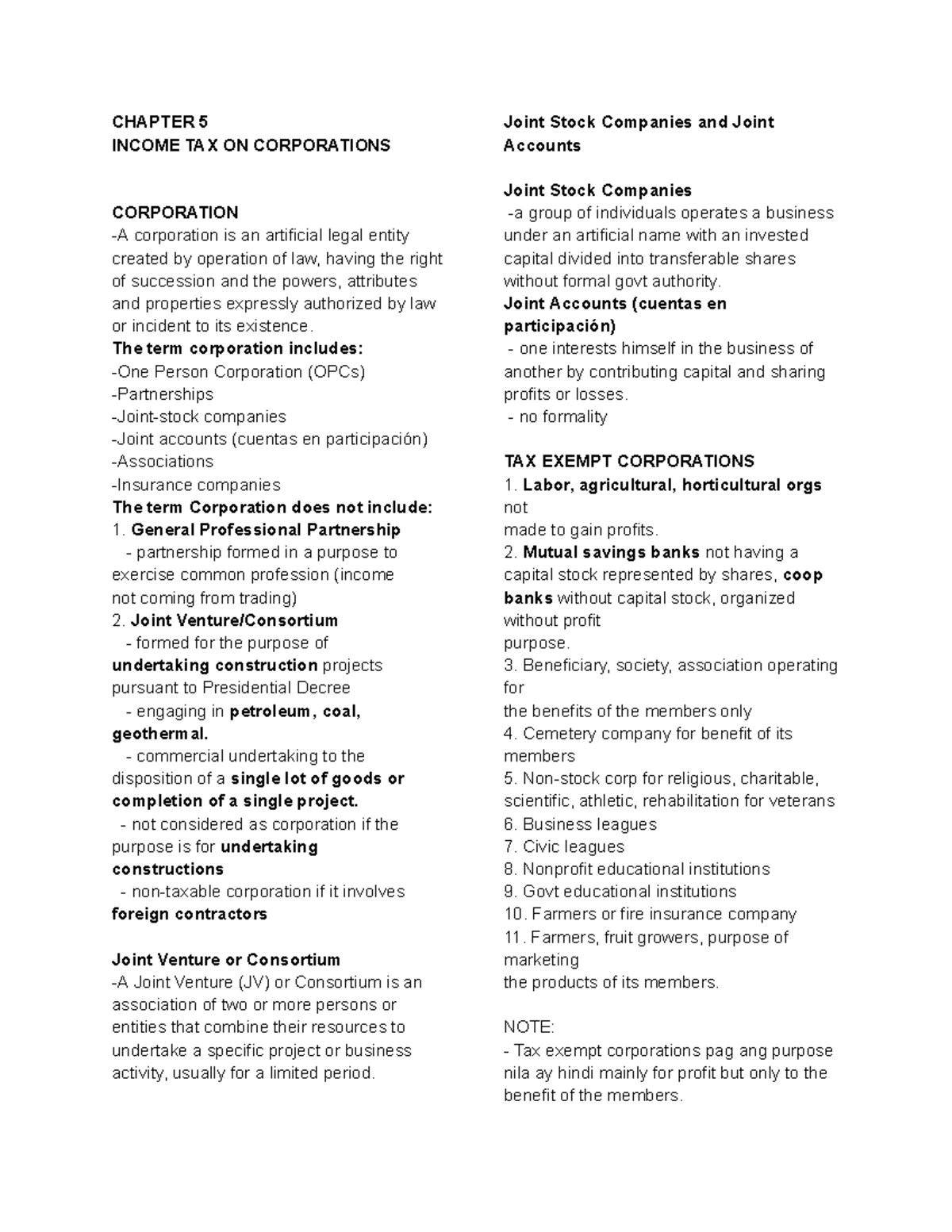 CHAPTER 5: INCOME TAX ON CORPORATIONS - Key Concepts and Exemptions ...