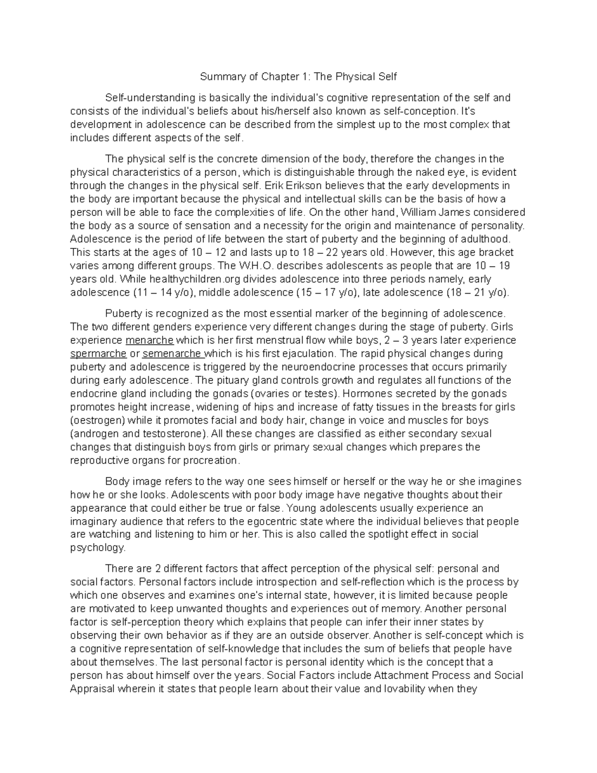UTS Chapter 1 Summary: Insights on the Physical Self and Adolescence ...