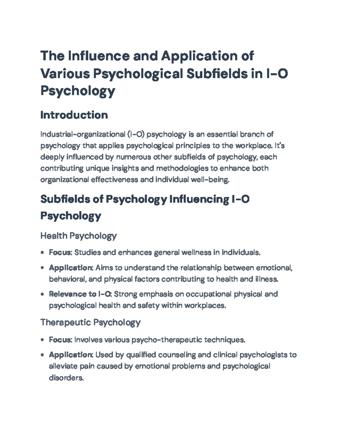 Influence of Psychological Subfields in I-O Psychology Analysis - The ...