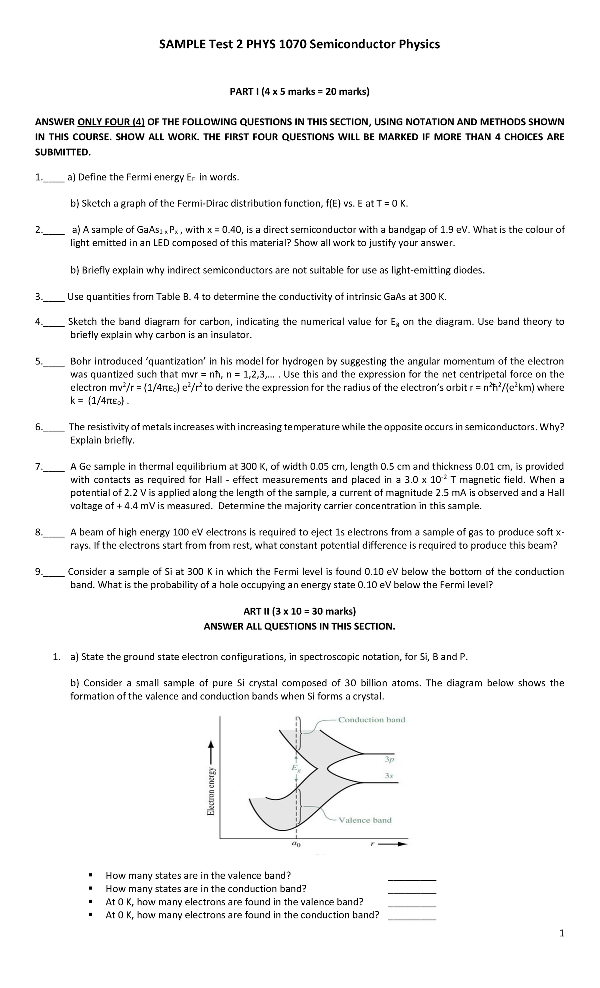Phys 1070 Test 2 Sample - Semiconductor Physics Overview 2023 - Studocu
