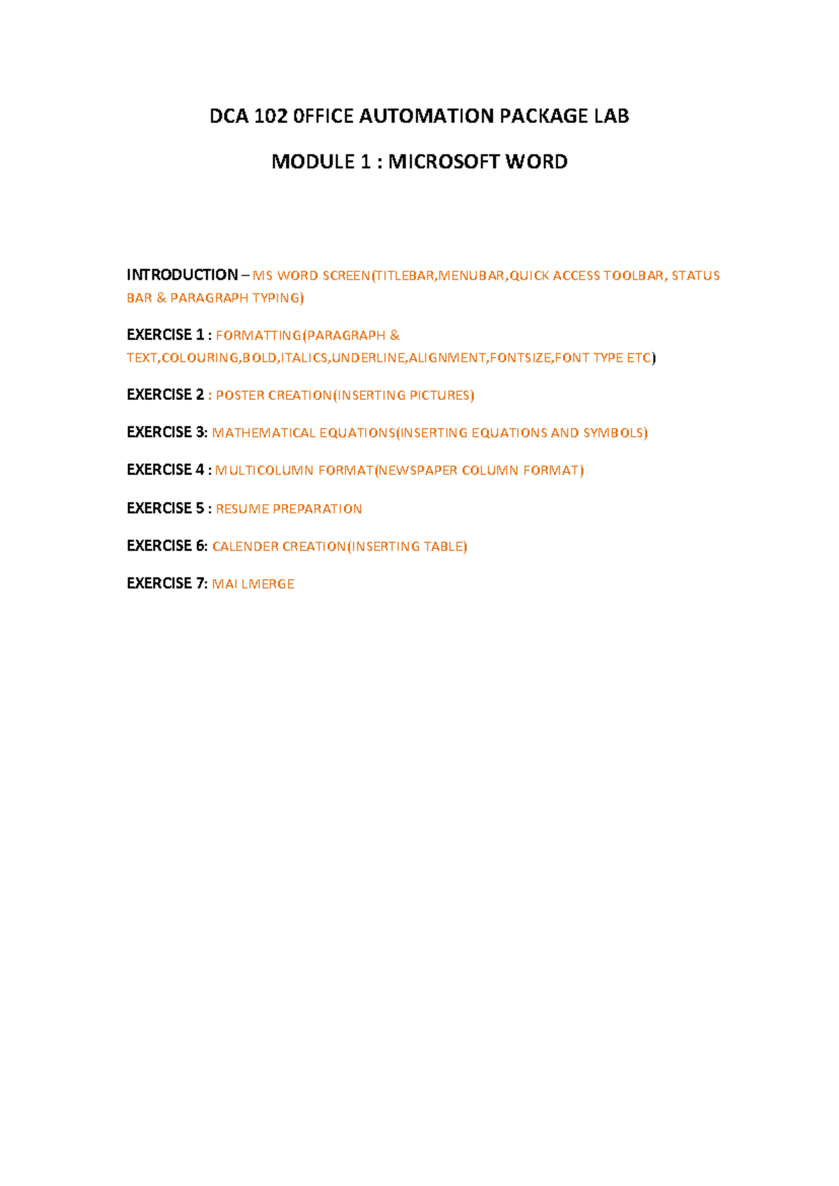 DCA 102 MS Word Lab: Formatting, Exercises, and Basic IT Concepts - Studocu