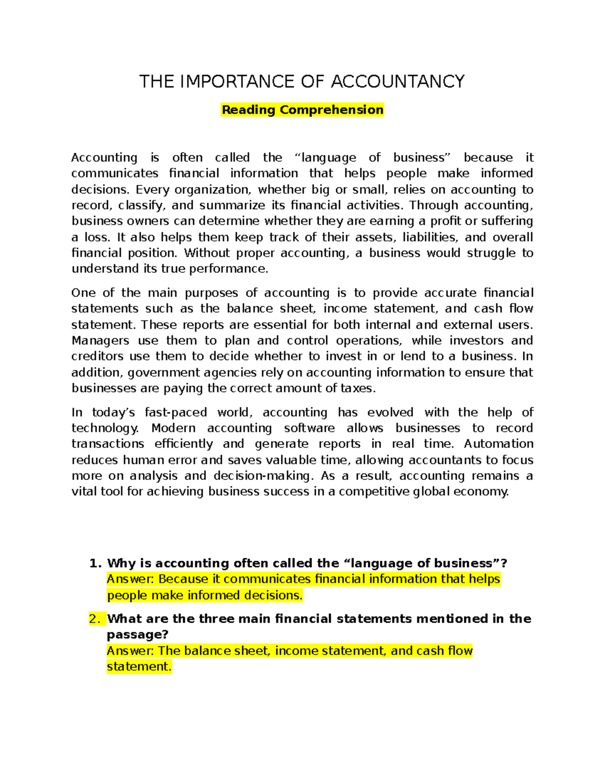 ACCT 101: The Importance of Accountancy - Reading Comprehension - Studocu