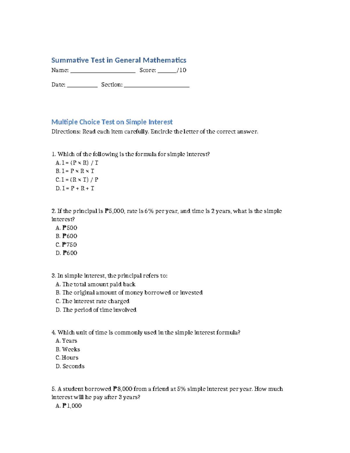 Simple Interest Test Paper - General Mathematics (GM101) - Studocu