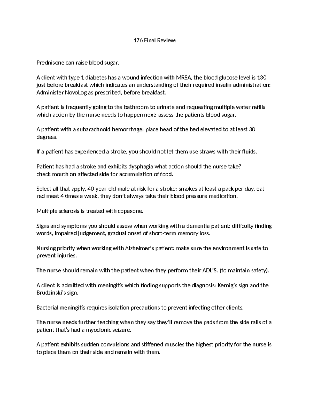 176 Final Exam Review - Key Nursing Concepts and Priorities - Studocu